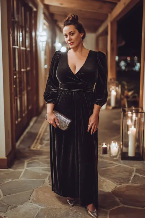 A plus-size woman wears a black velvet gown with bishop sleeves and a cinched waist, styled with metallic heels and a matching clutch