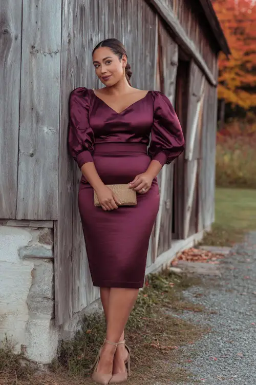 A plus-size woman wears a burgundy satin midi dress with puff sleeves and a fitted waist, paired with block heels and a clutch 