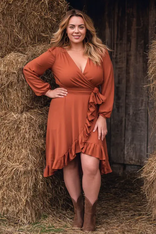 A plus-size woman wears a burnt sienna long-sleeve wrap dress with ruffle detailing, paired with brown ankle boots and simple accessories 