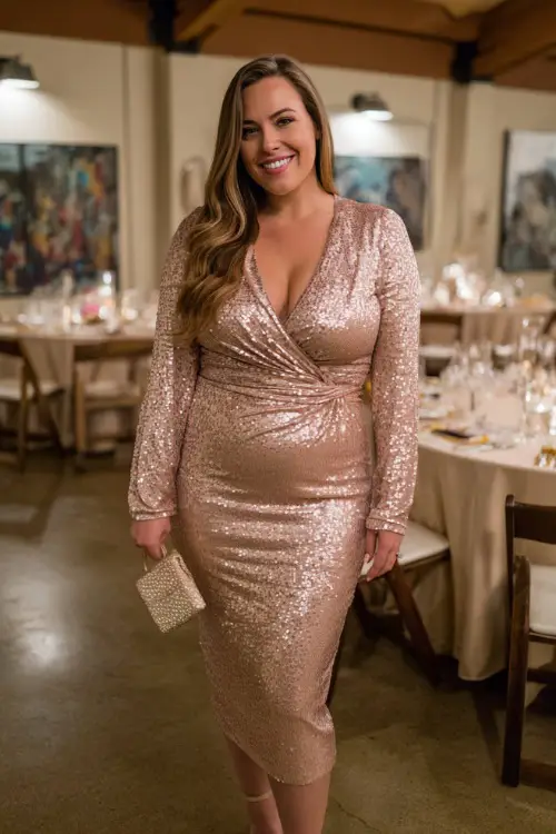 A plus-size woman wears a champagne sequin long-sleeve dress with a defined waist, styled with subtle heels and a matching clutch 
