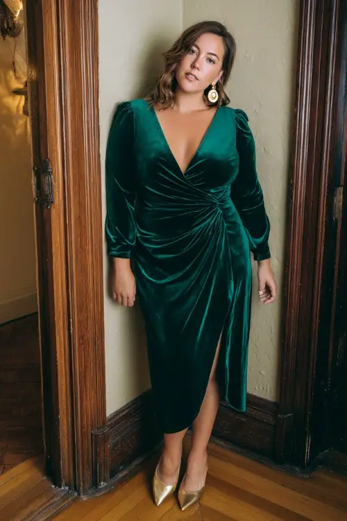 A plus-size woman wears a deep emerald green velvet wrap dress with long sleeves and a V-neckline, styled with gold heels and statement earrings