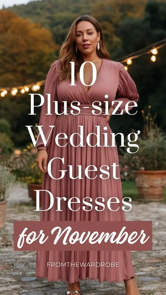 A plus-size woman wears a dusty rose long-sleeve chiffon fall wedding guest dress with a pleated skirt for a November wedding