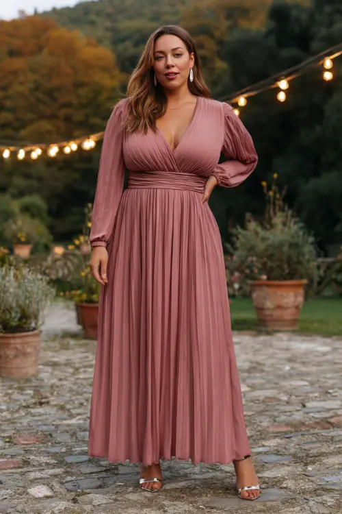 A plus-size woman wears a dusty rose long-sleeve chiffon gown with a pleated skirt, styled with metallic sandals and pearl earrings 