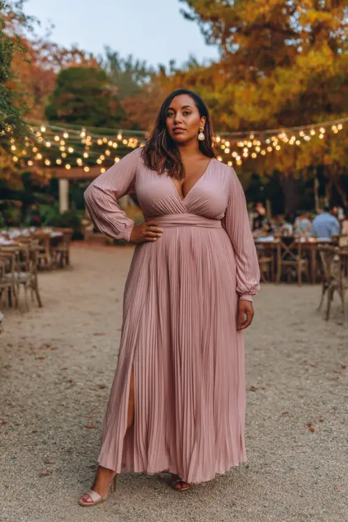 A plus-size woman wears a dusty rose long-sleeve chiffon gown with a pleated skirt, styled with metallic sandals and pearl earrings
