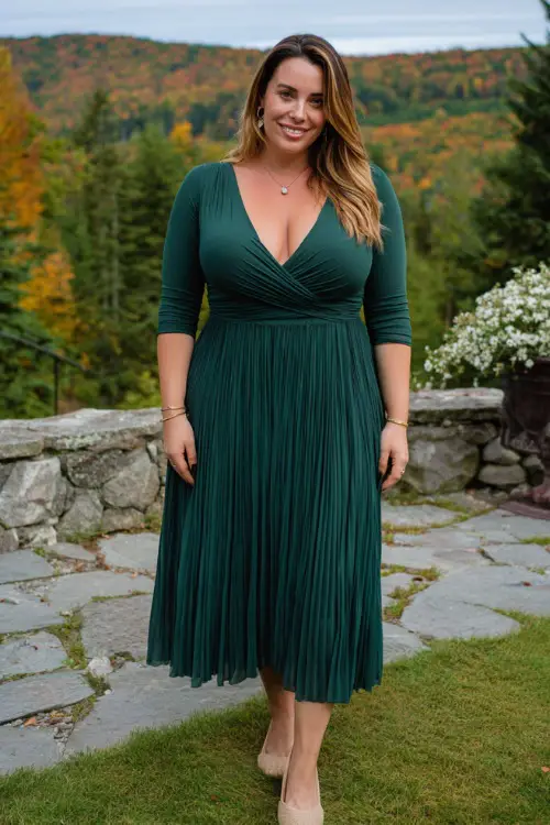 A plus-size woman wears a forest green pleated chiffon dress with a wrap bodice, accessorized with beige heels and delicate jewelry