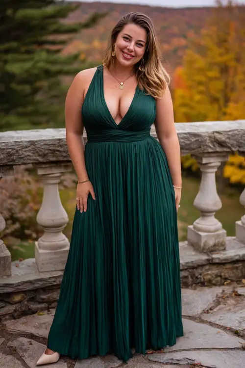 A plus-size woman wears a forest green pleated chiffon dress with a wrap bodice, accessorized with beige heels and delicate jewelry 