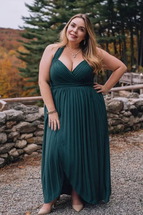 A plus-size woman wears a forest green pleated chiffon dress with a wrap bodice, accessorized with beige heels and delicate jewelry