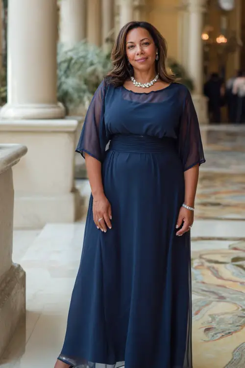 A plus-size woman wears a navy blue chiffon A-line gown with sheer sleeves and a flowy skirt, styled with silver sandals and a pearl necklace 