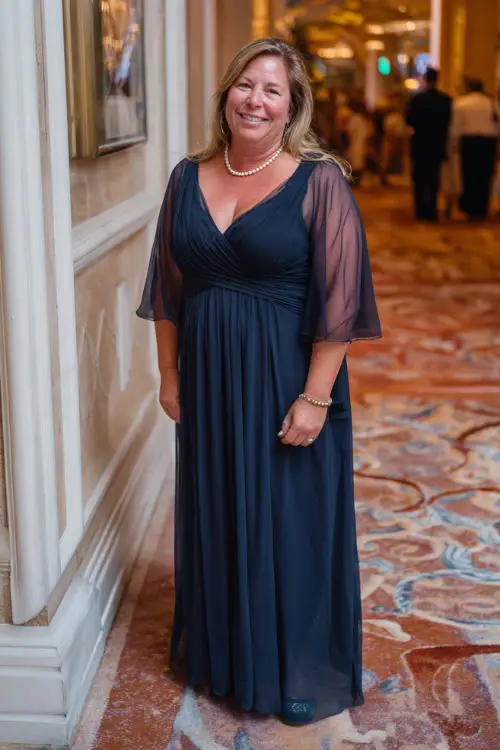 A plus-size woman wears a navy blue chiffon A-line gown with sheer sleeves and a flowy skirt, styled with silver sandals and a pearl necklace