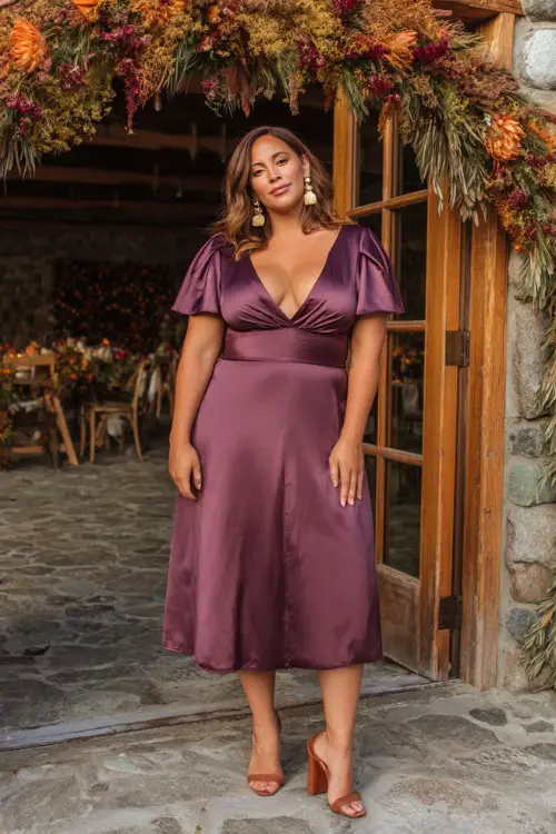A plus-size woman wears a plum satin midi dress with short flutter sleeves and a flowy skirt, paired with block heels and gold earrings