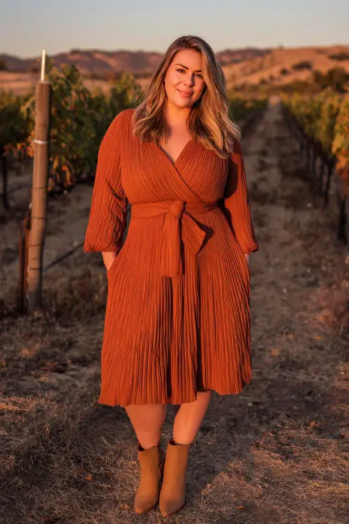 A plus-size woman wears a rust-orange pleated midi dress with long sleeves and a tie belt, paired with tan ankle boots 