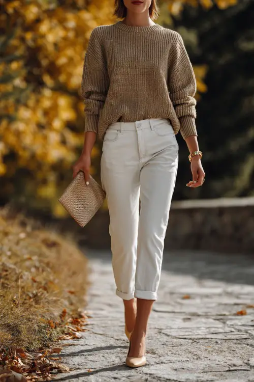 A woman dressed in a beige sweater, white trousers, and tan heels, carrying a clutch while walking toward a Thanksgiving gathering outdoors, surrounded by fall leaves
