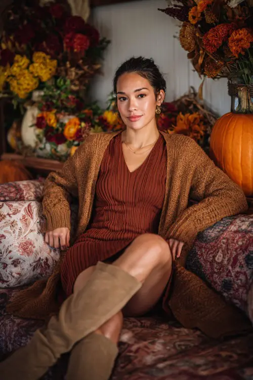 A woman dressed in a ribbed midi dress with a long cardigan and flat boots, sitting comfortably on a couch surrounded by Thanksgiving decor