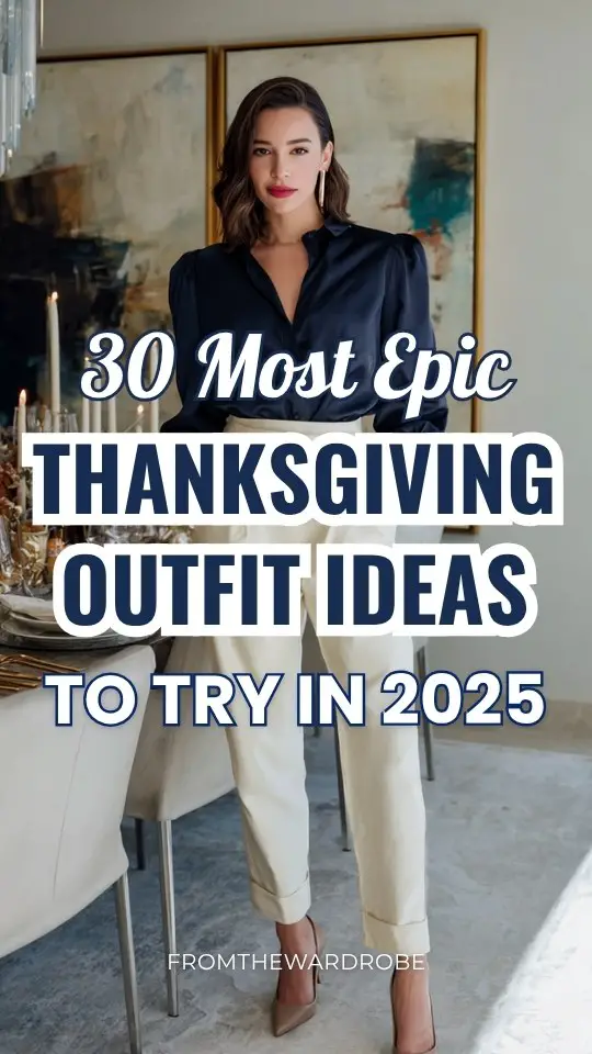 A woman in Thanksgiving outfit with a navy silk blouse tucked into high-waisted cream trousers, paired with pointed heels and minimal jewelry