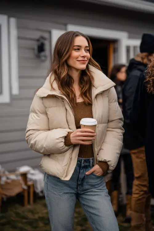A woman in a beige puffer jacket with jeans and suede boots, holding a cup of hot chocolate while chatting outside a Thanksgiving gathering