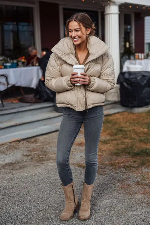 A woman in a beige puffer jacket with jeans and suede boots