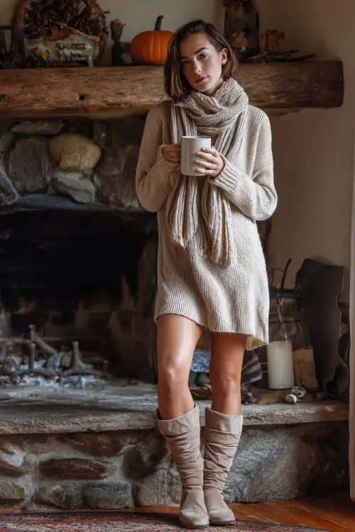 A woman in a beige sweater dress with flat boots and a long scarf, holding a mug of hot cider near a fireplace with Thanksgiving decor