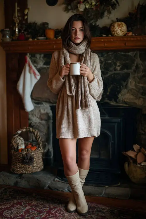 A woman in a beige sweater dress with flat boots and a long scarf, holding a mug of hot cider near a fireplace with Thanksgiving decor