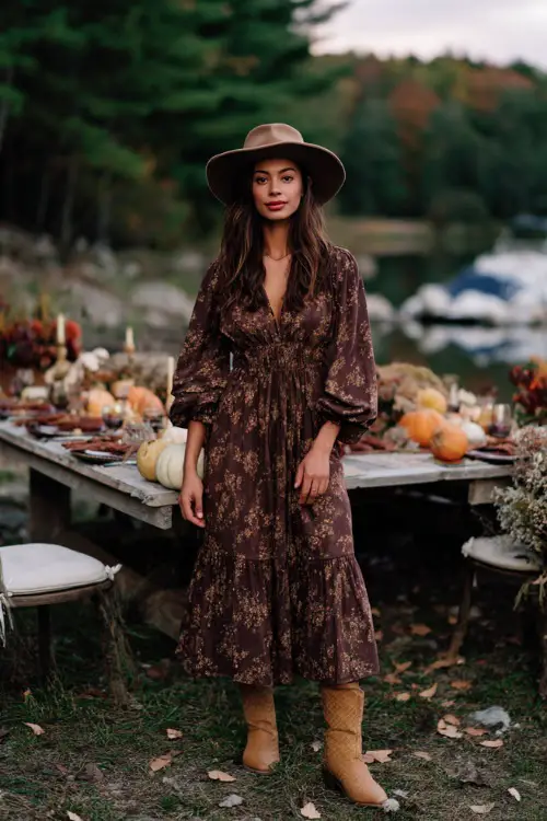 A woman in a brown floral midi dress with long sleeves, tan boots, and a felt hat, standing outdoors near a Thanksgiving picnic setup with pumpkins and leaves