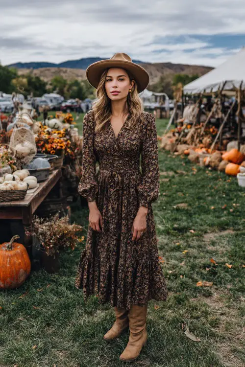 A woman in a brown floral midi dress with long sleeves, tan boots, and a felt hat, standing outdoors near a Thanksgiving picnic setup with pumpkins and leaves