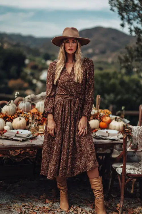 A woman in a brown floral midi dress with long sleeves, tan boots, and a felt hat, standing outdoors near a Thanksgiving picnic setup with pumpkins and leaves