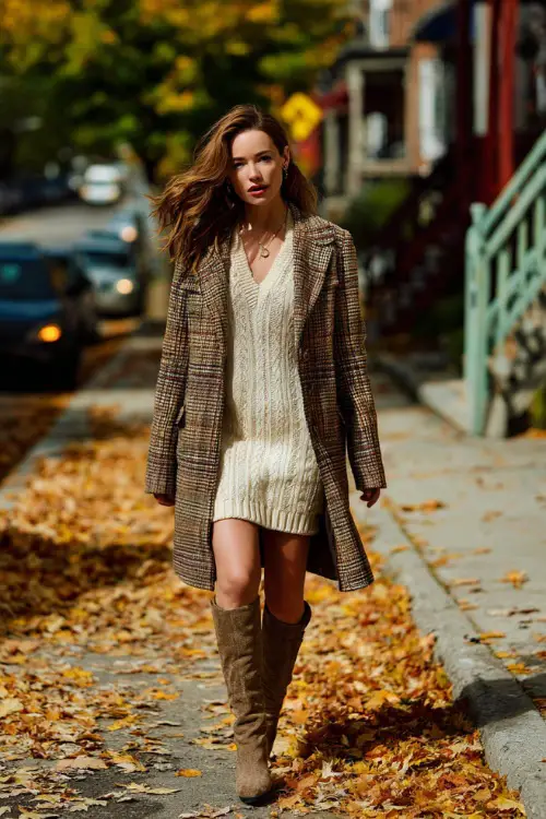A woman in a brown plaid coat layered over a cream knit dress and knee-high boots, walking down a leaf-covered street on Thanksgiving day