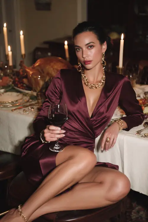 A woman in a burgundy satin wrap dress with gold jewelry and heels, holding a glass of wine at an elegant Thanksgiving dinner party, soft candlelight glow