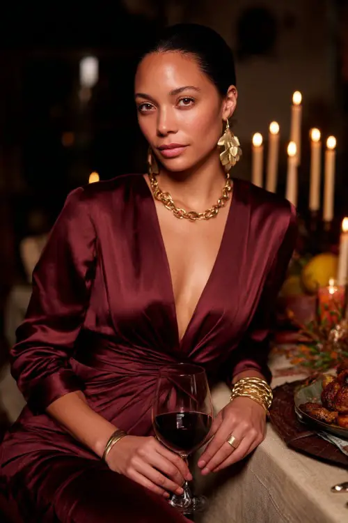 A woman in a burgundy satin wrap dress with gold jewelry and heels, holding a glass of wine at an elegant Thanksgiving dinner party, soft candlelight glow