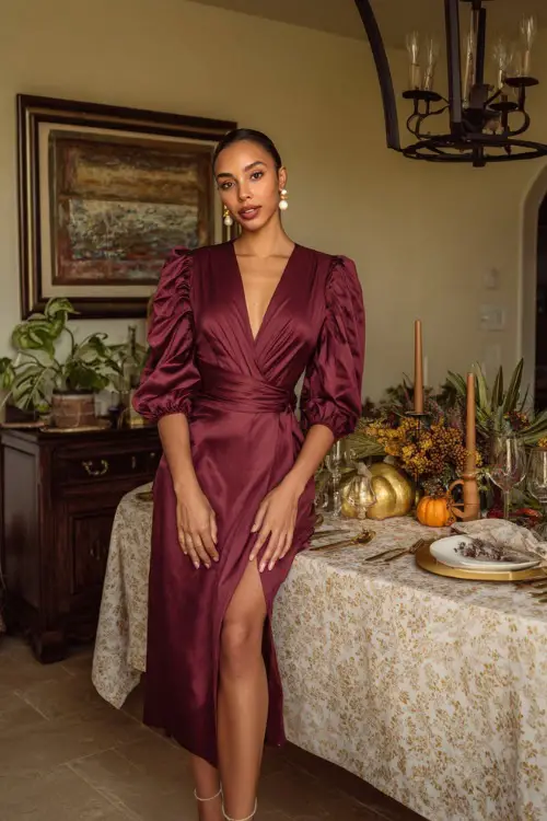 A woman in a burgundy wrap dress with puff sleeves, pearl earrings, and heels
