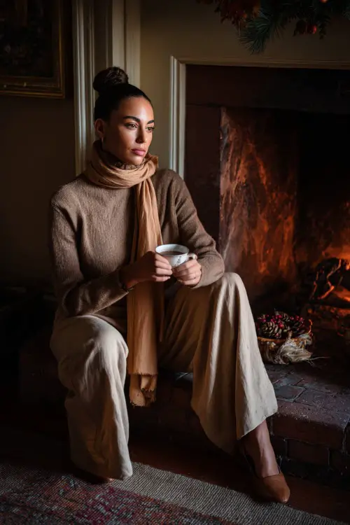 A woman in a cashmere turtleneck paired with wide-leg trousers and a long wool scarf
