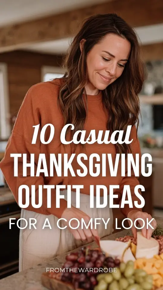 A woman in a casual comfy Thanksgiving outfit with a rust-colored sweatshirt tucked into wide-leg lounge pants