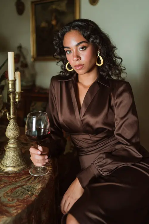 A woman in a chocolate brown satin midi dress with long sleeves, gold hoop earrings, and heels, holding a glass of wine at a Thanksgiving dinner