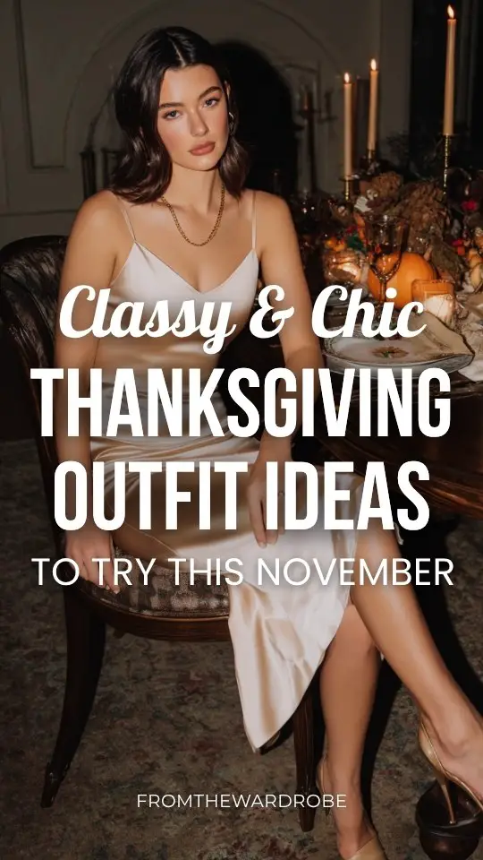 A woman in a classy chic Thanksgiving outfit with a sleek satin midi dress in champagne color with delicate gold jewelry and ankle strap heels