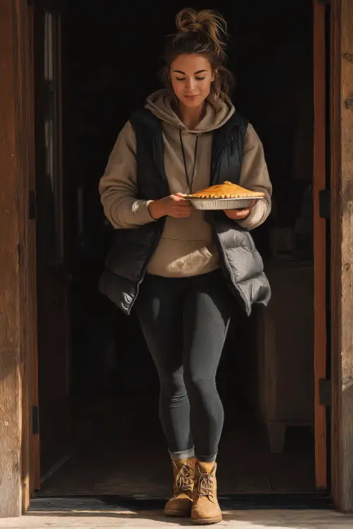 A woman in a cozy hoodie and leggings paired with a long puffer vest and ankle boots, holding a pumpkin pie while arriving at a Thanksgiving gathering