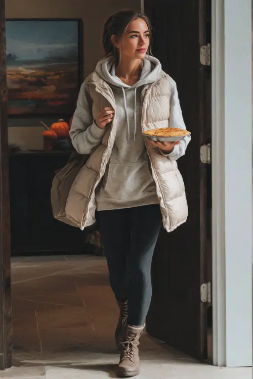 A woman in a cozy hoodie and leggings paired with a long puffer vest and ankle boots, holding a pumpkin pie while arriving at a Thanksgiving gathering