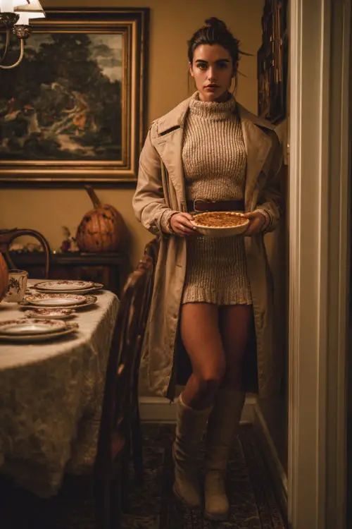 A woman in a cozy knit dress layered with a belted trench coat and knee-high boots