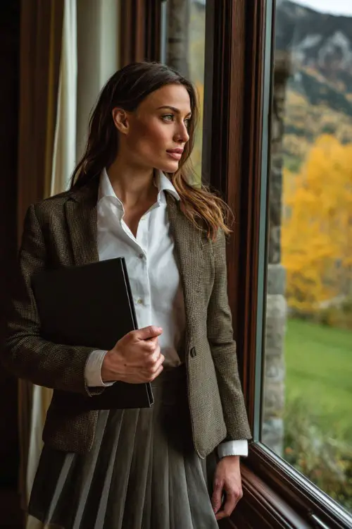 A woman in a fitted blazer over a white shirt and pleated skirt, holding a folder while standing near a large window with fall scenery outside