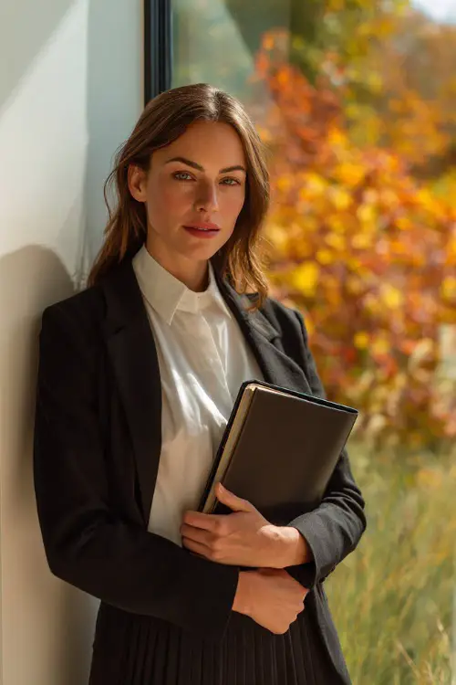 A woman in a fitted blazer over a white shirt and pleated skirt, holding a folder while standing near a large window with fall scenery outside