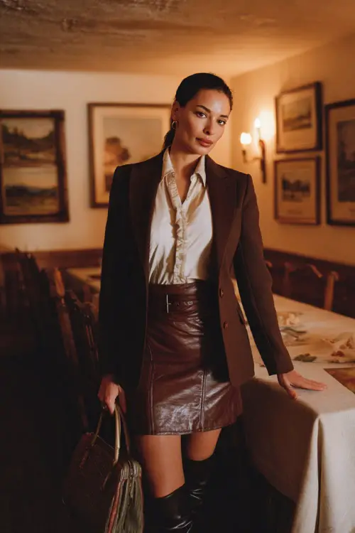A woman in a fitted chocolate blazer over a white blouse and brown leather skirt, accessorized with heeled boots and a structured handbag, standing in a warmly lit dining room
