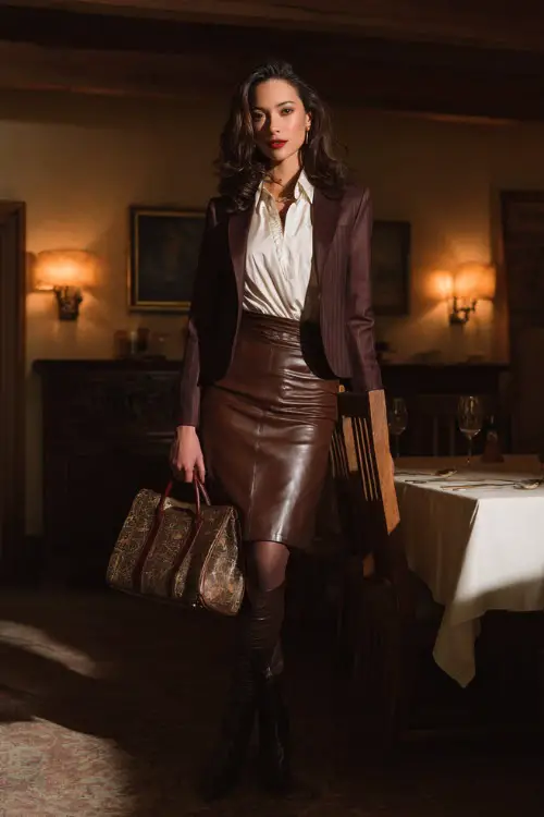 A woman in a fitted chocolate blazer over a white blouse and brown leather skirt, accessorized with heeled boots and a structured handbag