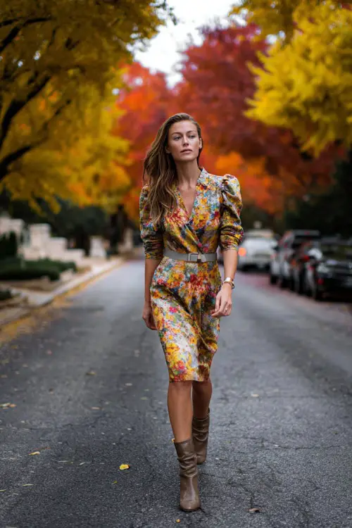 A woman in a floral midi dress with a belted waist and heeled ankle boots, walking along a tree-lined street with colorful fall leaves