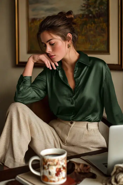 A woman in a forest-green silk blouse with tailored beige pants and pumps, sitting at her desk with a laptop and Thanksgiving-themed mug