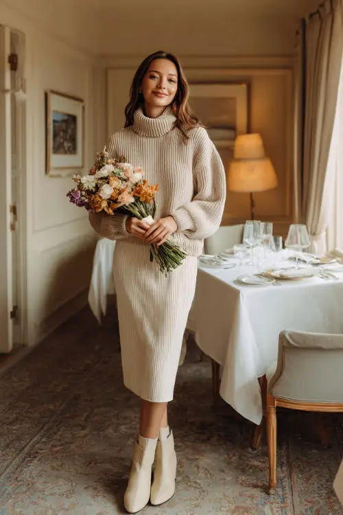 A woman in a monochrome beige outfit knit sweater, midi skirt, and heeled boots