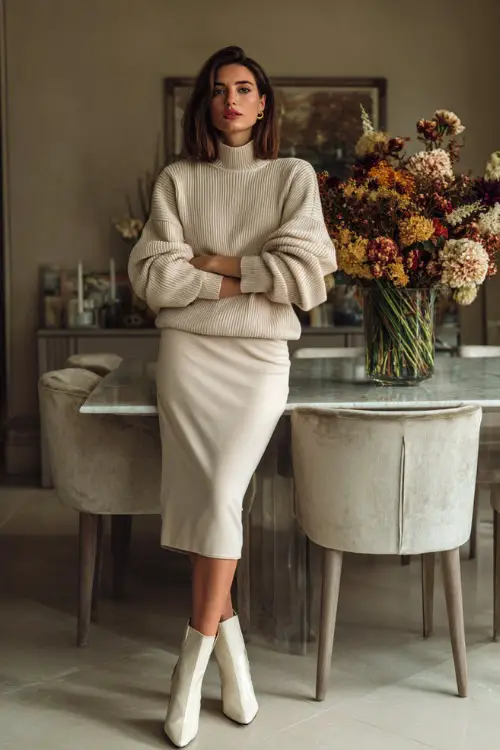 A woman in a monochrome beige outfit knit sweater, midi skirt, and heeled boots