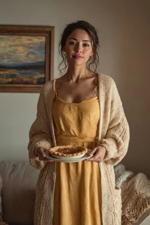 A woman in a mustard-yellow midi dress layered under a long cardigan, holding a plate of Thanksgiving pie in a cozy living room 