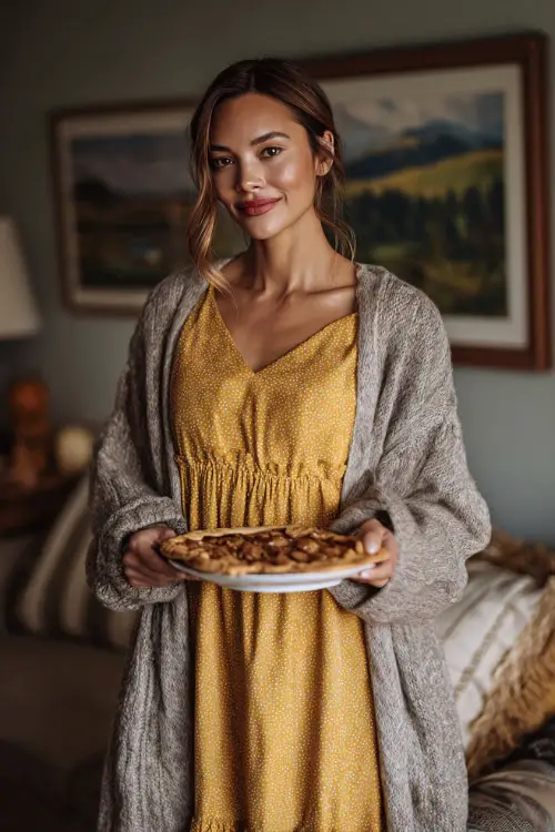 A woman in a mustard-yellow midi dress layered under a long cardigan, holding a plate of Thanksgiving pie in a cozy living room