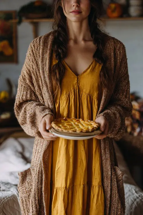 A woman in a mustard-yellow midi dress layered under a long cardigan, holding a plate of Thanksgiving pie in a cozy living room