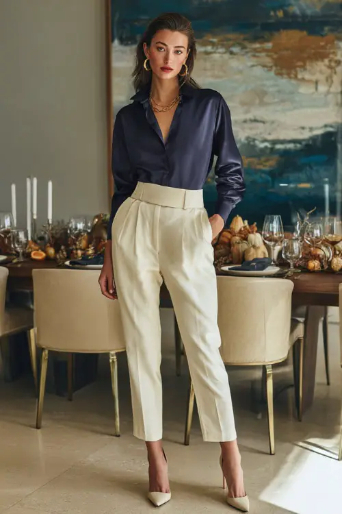 A woman in a navy silk blouse tucked into high-waisted cream trousers, paired with pointed heels and minimal jewelry