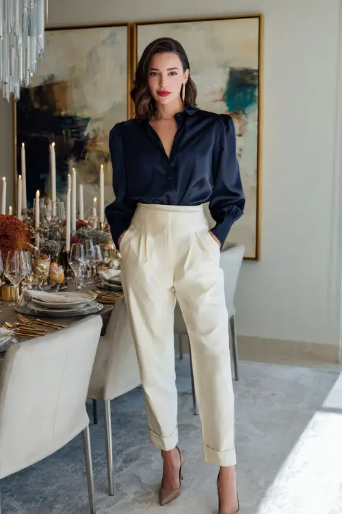 A woman in a navy silk blouse tucked into high-waisted cream trousers, paired with pointed heels and minimal jewelry, standing in a modern dining room with Thanksgiving decor