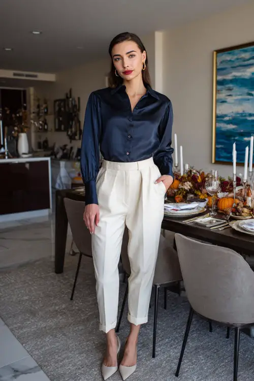 A woman in a navy silk blouse tucked into high-waisted cream trousers, paired with pointed heels and minimal jewelry